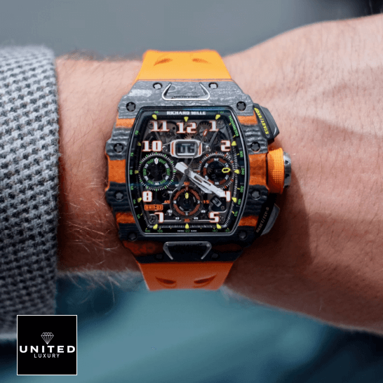 Richard Mille RM 11-03 McLaren Replica 3 Richard Mille Mclaren hand Orange Rubber Bracelet Replica on the man wrist