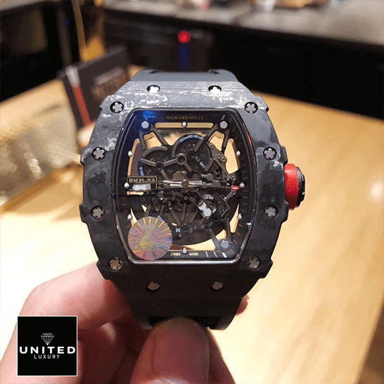 RM35-02 Replica 2 Richard Mille RM3502 Carbon Skeleton Dial Replica on the hand