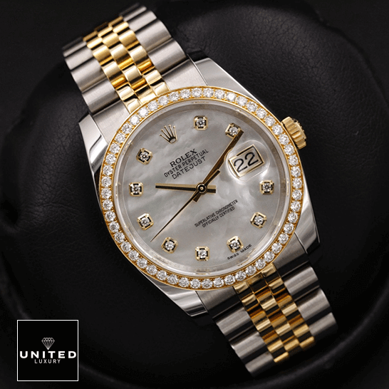 Rolex Datejust Mother Of Pearl 116243 Jubilee Replica 1 Rolex Datejust 116243 Diamond Dial Jubilee Replica on the black stand