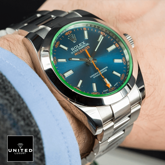 Rolex Milgauss 116400GV-0002 Blue Dial Replica 1 Rolex Milgauss 116400GV Green Crystal Oyster Replica on his arm