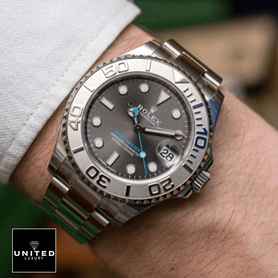 Rolex Yacht-Master 116622-0003 Platinum & Rhodium Dial Replica 14 Rolex 268622 Steel Platinnum Grey Dial Replica white shirt at the wrist