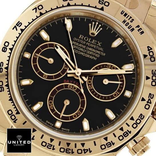 Rolex Daytona Yellow Gold Replica 3 Rolex Daytona Yellow Gold 116508-0004 Replica black dial his stick indices and stick hands